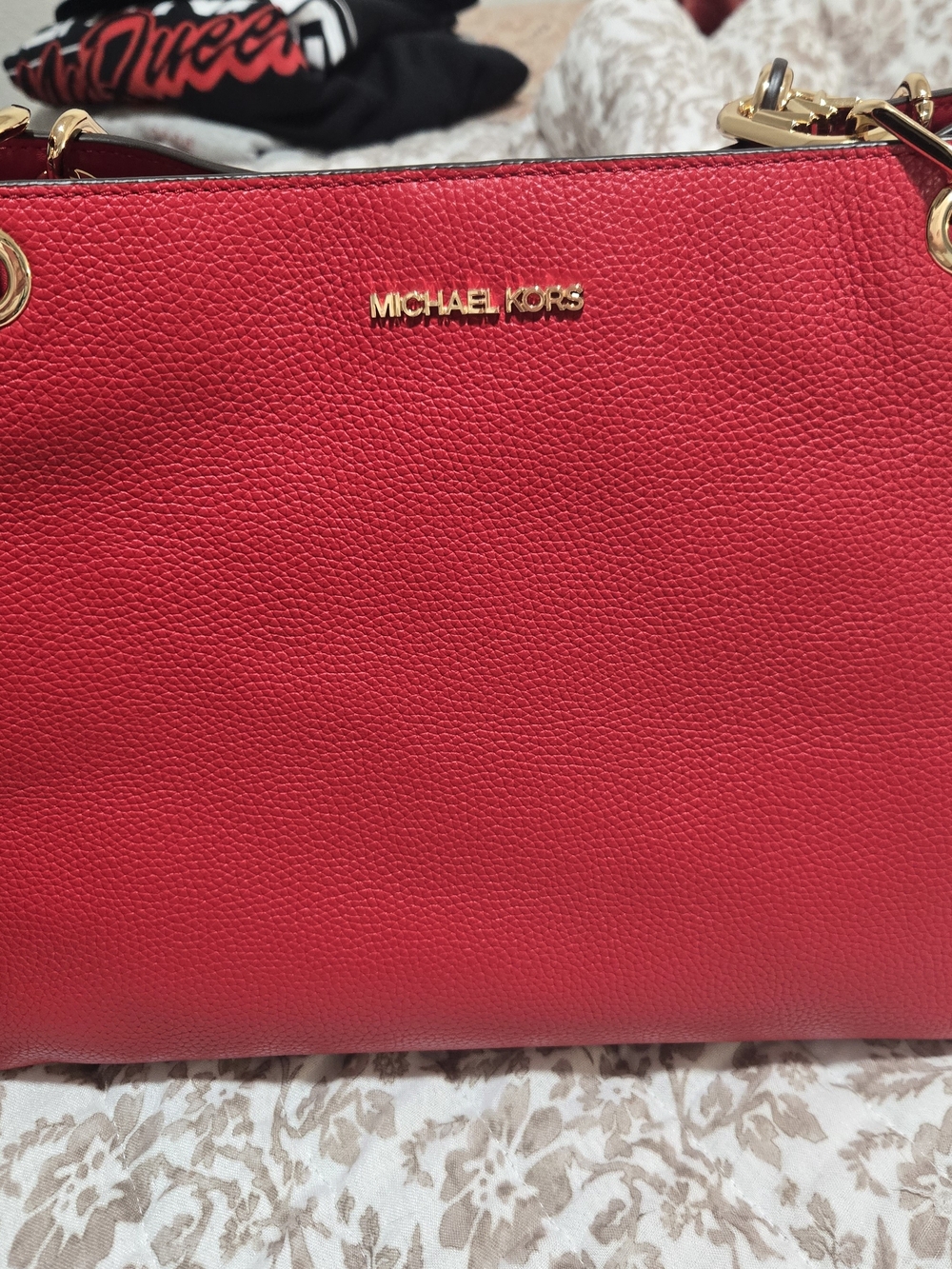 Michael Kors Bold Red Pebbled Leather Shoulder Bag with Gold Accents